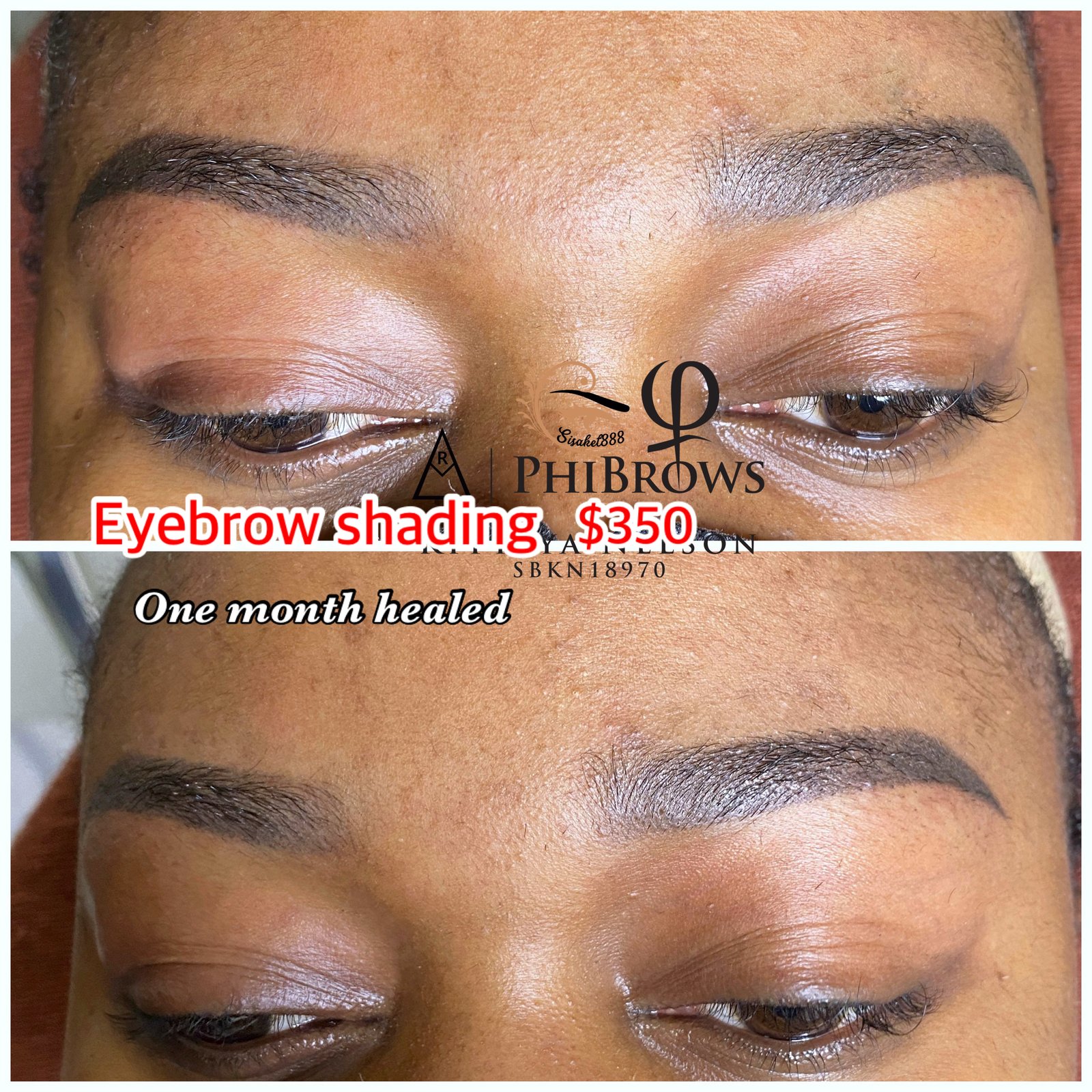 Eyebrow shading ombre brows one month healed result on deep skin tone in Houston