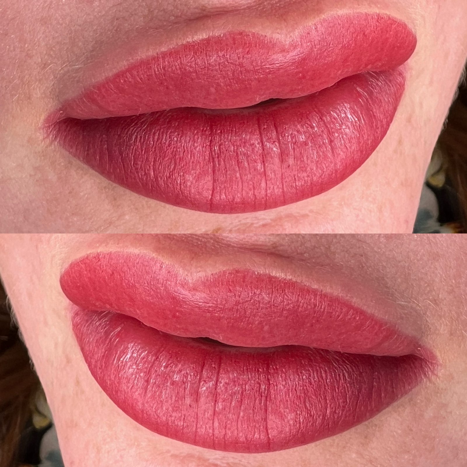 Lip blush red tone side view permanent makeup result