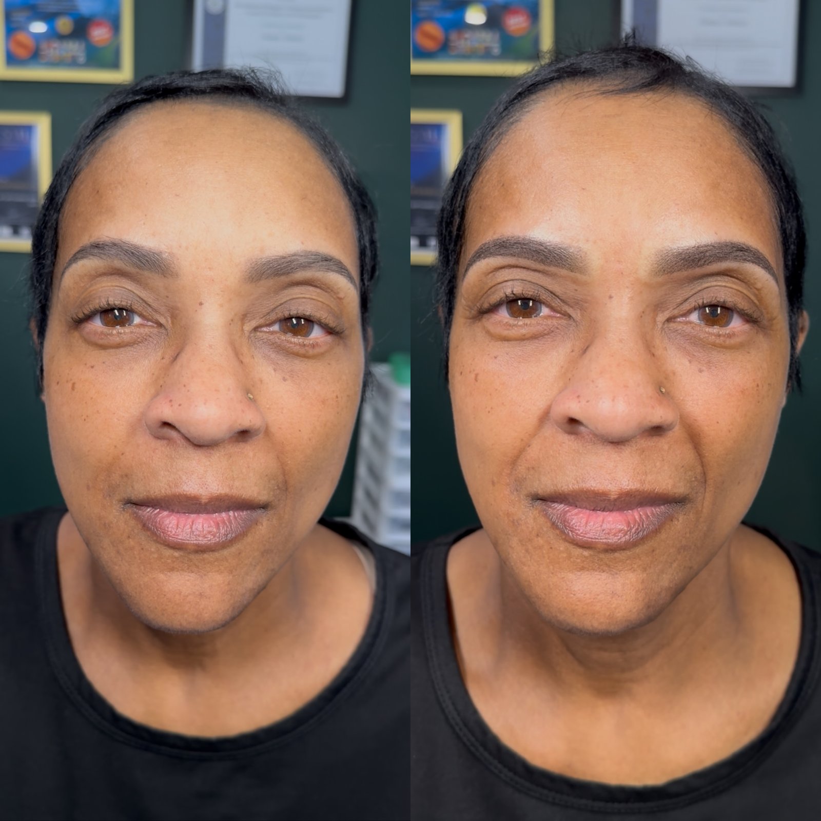 Powder ombre brows on deep skin tone before and after in Rosenberg
